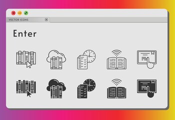 enter icon set. included cloud, test, book, book (1), touchscreen icons on white background. linear, filled styles.