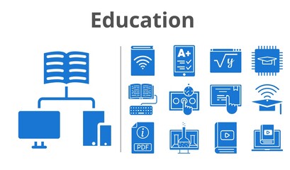 education set. included chemistry, audiobook, chip, test, learn, homework, maths, touchscreen, ereader, ebook, cap, pdf, school icons. filled styles.
