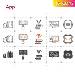 app icon set. included chip, books, ebook, instructor, book, book (2) icons on white background. linear, bicolor, filled styles.