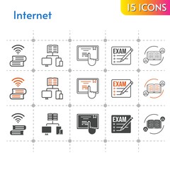 internet icon set. included exam, feedback, school, book, touchscreen, book (2), school (2) icons on white background. linear, bicolor, filled styles.