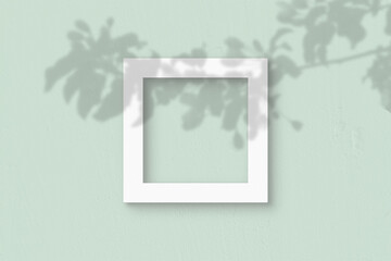 The square sheet of white textured paper on the light green wall background. Mockup with an overlay of plant shadows. Natural light casts shadows from the leaves of an exotic plant. Flat lay, top view