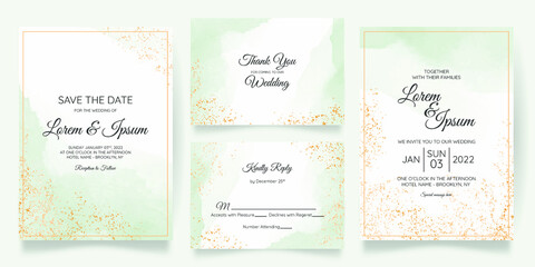 Watercolor creamy wedding invitation card template set with golden floral decoration
