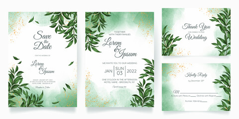 Watercolor creamy wedding invitation card template set with golden floral decoration