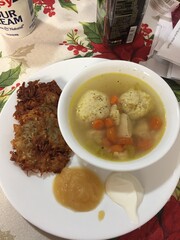 Hannukah foods, matzo ball soup and potato latkes