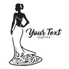 Fototapeta na wymiar Elegant Wedding Bridal Wear Fashion Boutique Logo. Gown Sexy Dress Design Vector Line Illustration