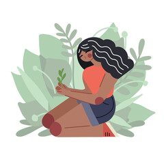 Save the nature. Flat illustration of african girl holding the leaves in her hands on bush background. Nature is in our hands. Vector modern illustration for articles, cards and your creativity.