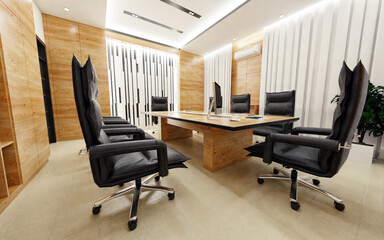 Office interior with black leather chairs and a wooden table. 3d rendering.