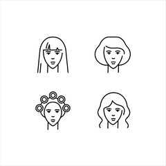 Women's hairstyles. Perm, styling, straightened hair. A set of vector icons in the outline style, isolated on a white background. Logo illustration.