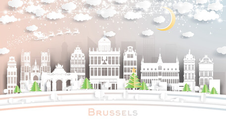 Brussels Belgium City Skyline in Paper Cut Style with Snowflakes, Moon and Neon Garland.