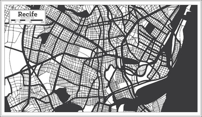 Recife Brazil City Map in Black and White Color in Retro Style. Outline Map.