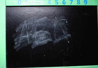 School board. The board on which the alphabet is written, numbers, an example of addition. Wipe the board with a rag. Fingers of a hand in chalk from a school board