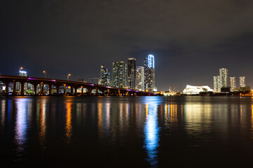 Miami downtown. Miami Florida, sunset panorama with colorful illuminated business and residential buildings and bridge on Biscayne Bay.