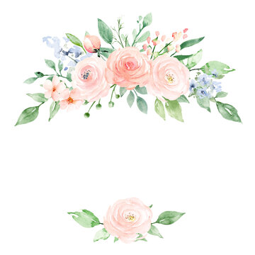 Wreath, floral frame with watercolors flowers pink roses, Illustration hand painted. Isolated on white background. Perfectly for greeting card design.