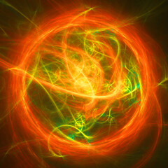 Neon glowing green and red twisted cosmic lines flying in the space. Turbulence curls flow colorful motion. Fluid and smooth astronomy vortex swirl structure. Abstract creative modern background