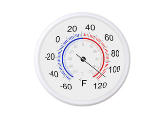 Fahrenheit and celsius scale white round thermometer for measuring weather temperature. ...