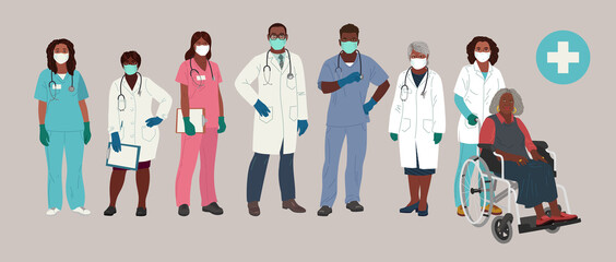 African American Doctor and Nurse Wearing Face Mask and Medical Gloves. Medical people profession modern vector flat illustration. Doctor and hospital staff cartoon characters