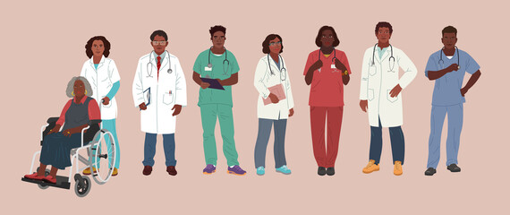 Medical Characters. African American Medics. Doctors and nurses portraits, team of doctors concept, medical office or laboratory. Modern flat vector concept digital people vector illustration