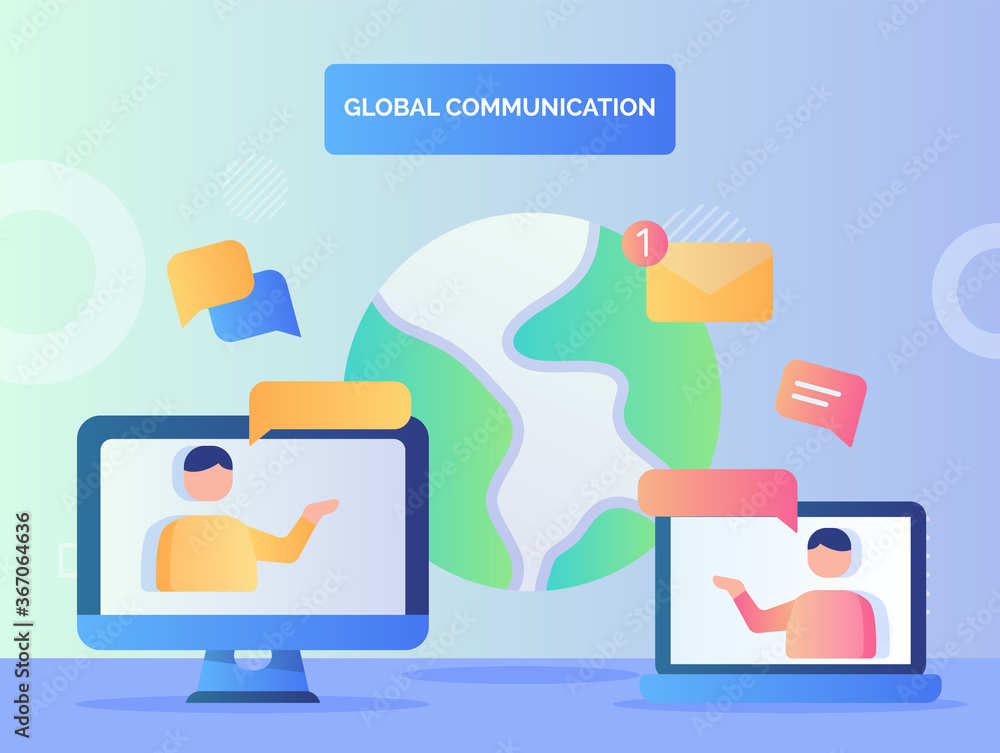 Poster people on laptop and computer screen talking background of earth global communication concept with f