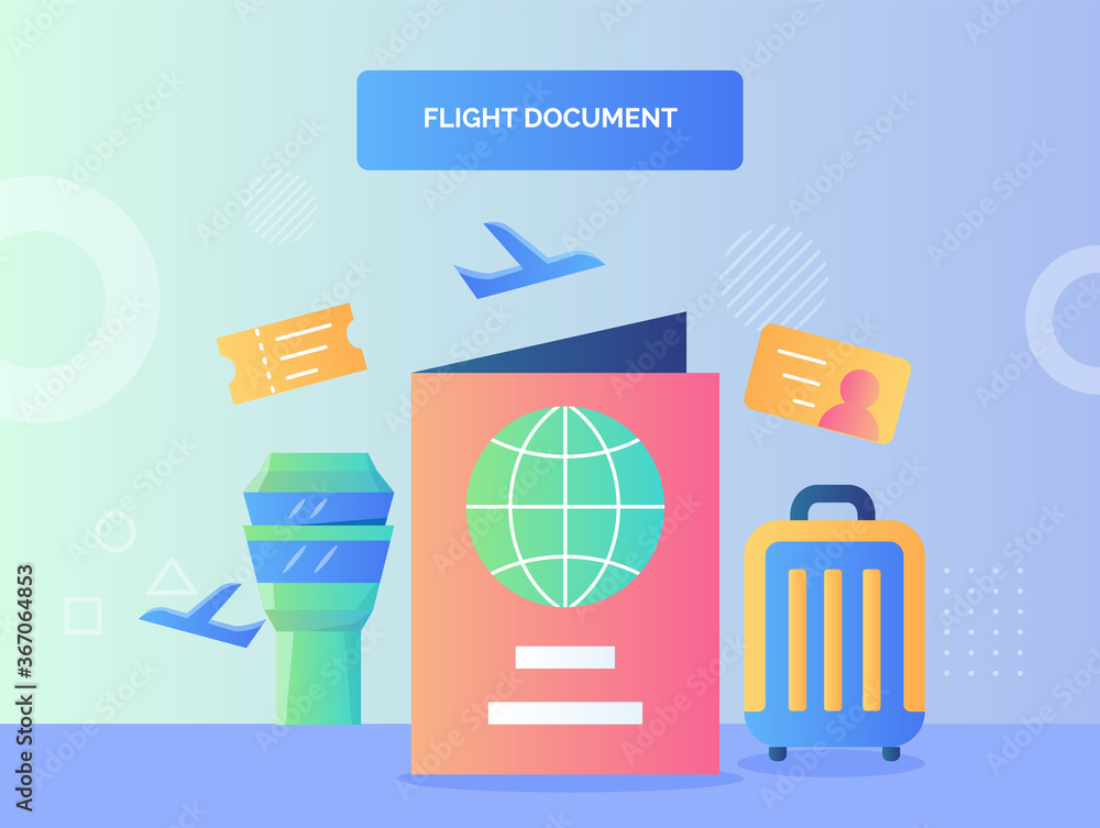 Poster passport ticket identity background of suitcase airnav tower plane flight document concept with flat