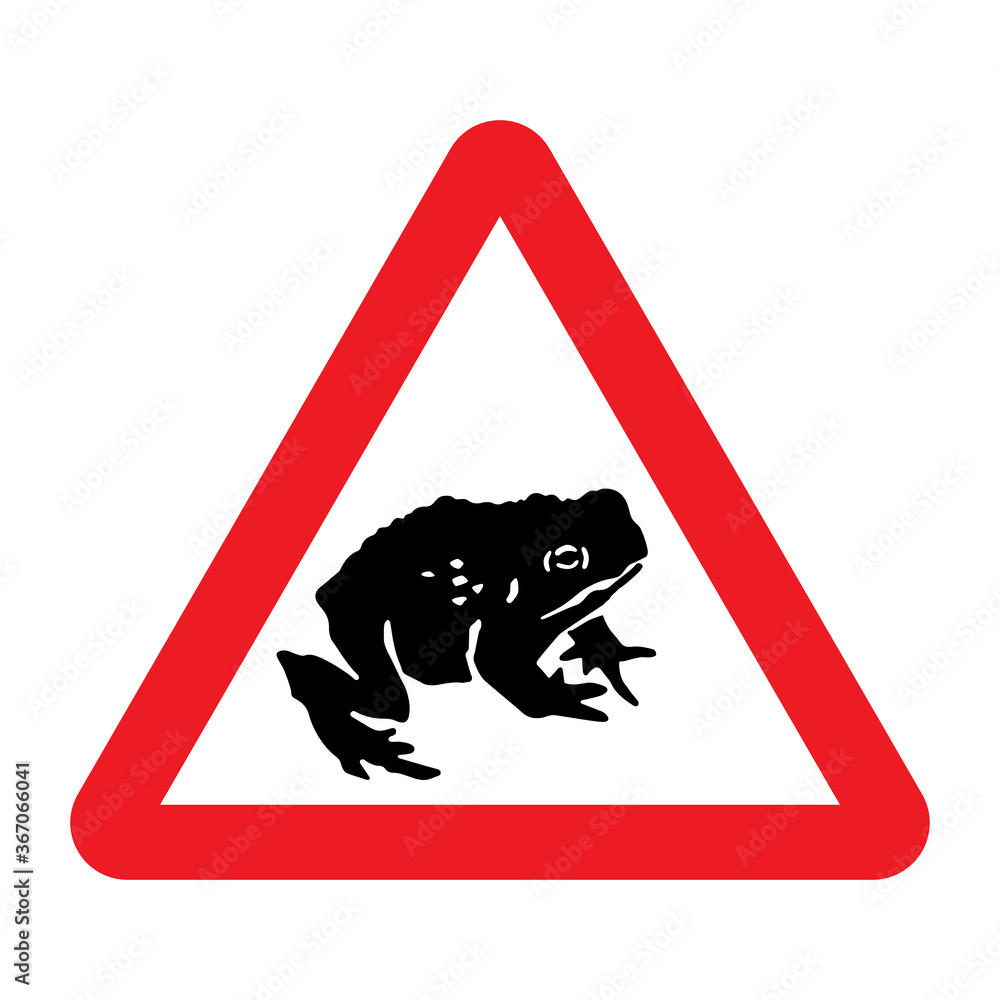 Wall mural Migratory toad crossing ahead road sign. Red triangle warning traffic sign attention frog crossing the road. Migration and save frogs. Vector illustration.