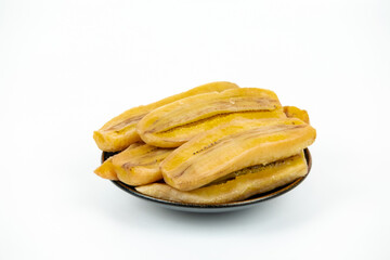 Fresh banana slice stacking on dish photo on white background