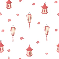 Fototapeten Vector seamless pattern with different red lanterns and flowers. Flat design, isolated © Карина Дорожкина