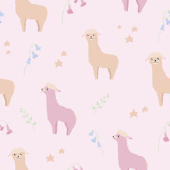Vector seamless pattern with different alpacas and flowers. Light pink background