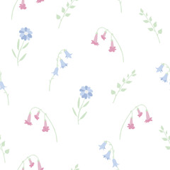 Vector seamless pattern with cute bell flowers, daisies and branches. Isolated, white background