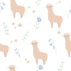 Obraz premium Vector seamless pattern with cute light brown alpaca and different flowers. Isolated, flat, white background