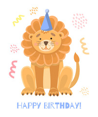 Cute cartoon yellow lion wearing a festive blue cap. Vector greeting card and happy birthday dear. Animal safari print for kids and toddlers. Cute kings of all animals on a white background isolated