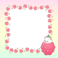 Kawaii notebook page template. Memo pad decorated with raspberry and little kittens. Summer background. Can be used for scrapbooking, bullet journals, gift tags, cards and invitations. Vector 10 ESP.