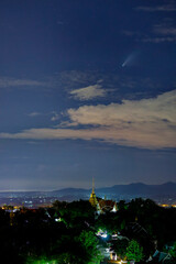 C / 2020 F3 comet (NEOWISE) at sunset with Chiang Mai City Thailand