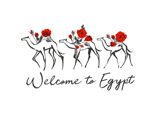 Welcome to egypt and camel roses caravan. Egypt symbol. Ancient line design. Africa hand drawn vector illustration. Linear black sketch on white background.