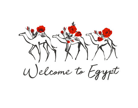 Welcome to egypt and camel roses caravan. Egypt symbol. Ancient line design. Africa hand drawn vector illustration. Linear black sketch on white background.