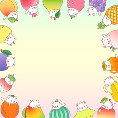 Kawaii notebook page template. Memo pad decorated with fruits and little kittens. Summer background. Can be used for scrapbooking, bullet journals, gift tags, cards and invitations. Vector 10 ESP.