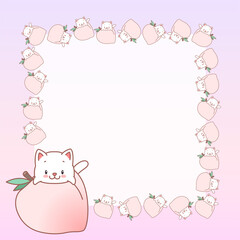 Kawaii notebook page template. Memo pad decorated with peaches and little kittens. Summer background. Can be used for scrapbooking, bullet journals, gift tags, cards and invitations. Vector 10 ESP.