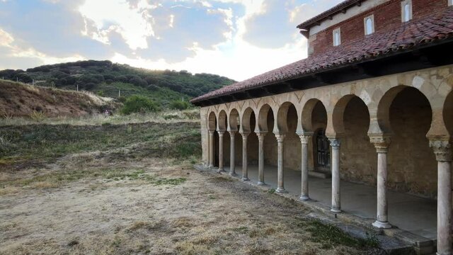 Aerial Monastery of San Miguel de Escalada in Leon, Spain. Historical architecture, a mix of cultures and ages. Cultural heritage. From romanesque to mozarabic.