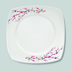 White plate design. Sakura typography. Decorative vector illustration for plates and other utensils