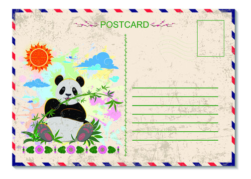 Vector old postcard. Greeting card with panda