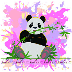 Cheerful panda sits on the grass and eats bamboo on a background of pink blots in a watercolor style. Design of hoodies, t-shirts, bags, packages, notebooks © Анастасия Савостьяно