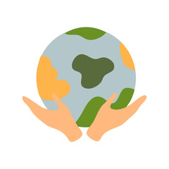 Vector illustration of a hand holding the Earth toll. Sticker, badge, print on the theme of protecting the natural resources of the planet Earth. Caring, protecting the environment, the concept of