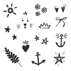 Kids funny elements: anchor, tiny flowers, crown, sketch star, shine star, shine heart, cat and crown, crown heart, black bow, sun, star, brunch. Black doodle on white background. Vector line sketch.
