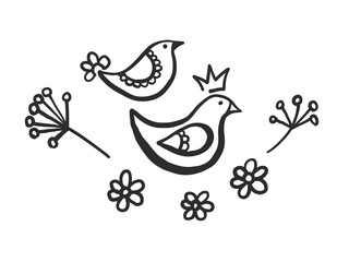 Doodle crown and bird, tiny flowers, linden. Simple icon. Black doodle on white background. Textile design texture. Vector line sketch.