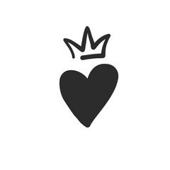 Crown heart. Simple icon. Black doodle on white background. Textile t-shirt design texture. Vector line sketch. © Sopelkin