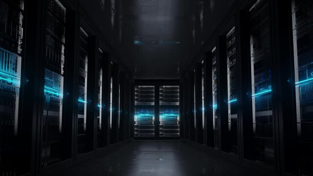 Cloud data server panels in a server room of a data center with security scanner. Dolly Shot in 4K High Quality Animation