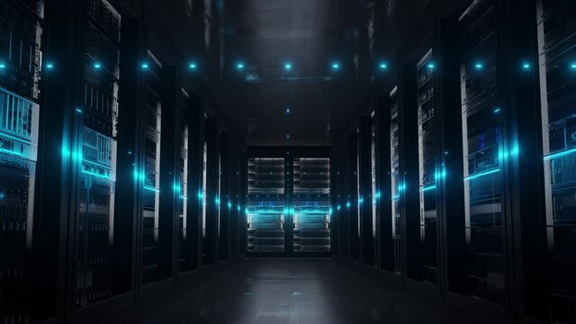 Cloud data server panels in a server room of a data center with security scanner. Dolly Shot in 4K High Quality Animation