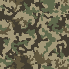 Fototapeta premium Camouflage pattern background seamless vector illustration. Classic clothing style masking camo repeat print. Green brown black olive colors forest texture. 