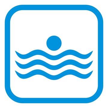 Swimmer, blue silhouette of person on blue frame, vector icon. Concept for swimming activities.