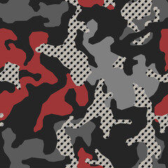 Stylish camouflage seamless pattern. Abstract modern military camo. Urban texture. Black, gray and red color background. Vector illustration