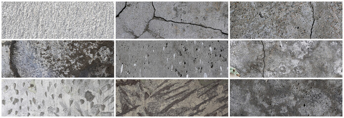 Texture set of old cracked concrete walls. Collection of panoramic backgrounds for design. Rough gray concrete surfaces.